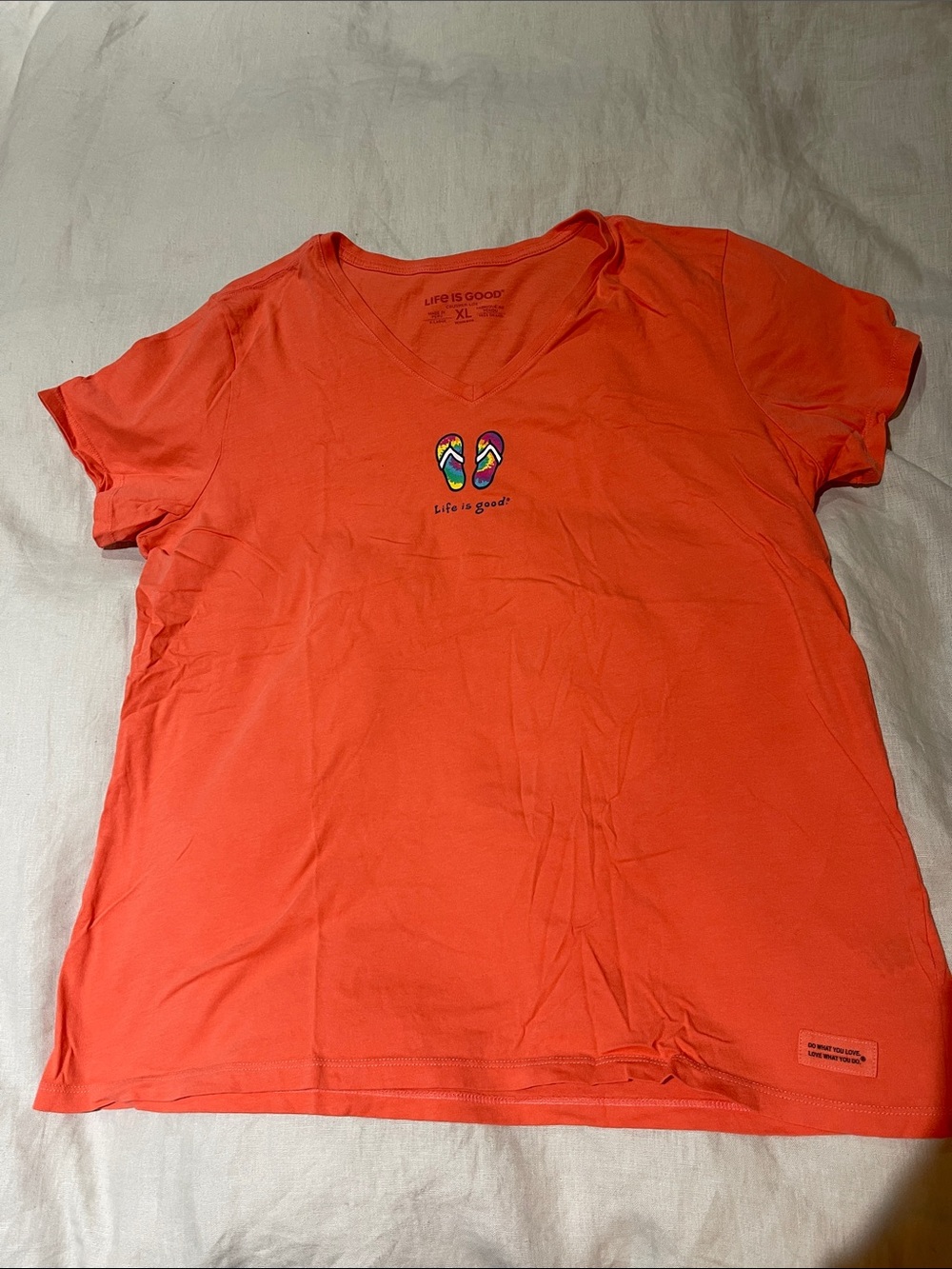 Life Is Good Orange V-Neck Tee with Colorful Flip-Flop Patch